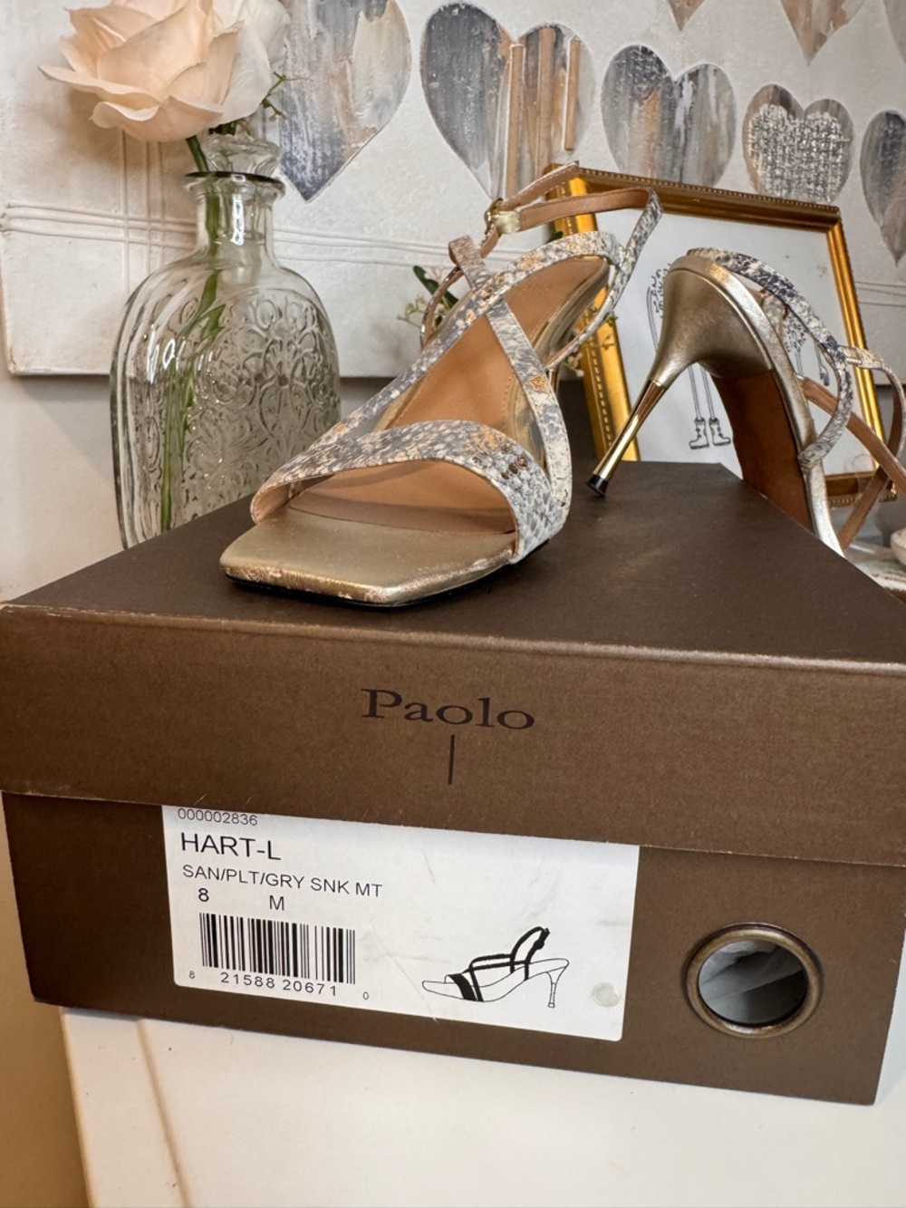 Paolo Gold-Tone Stiletto Sandals with Metallic Snake-Print Straps - Picture 6 of 10